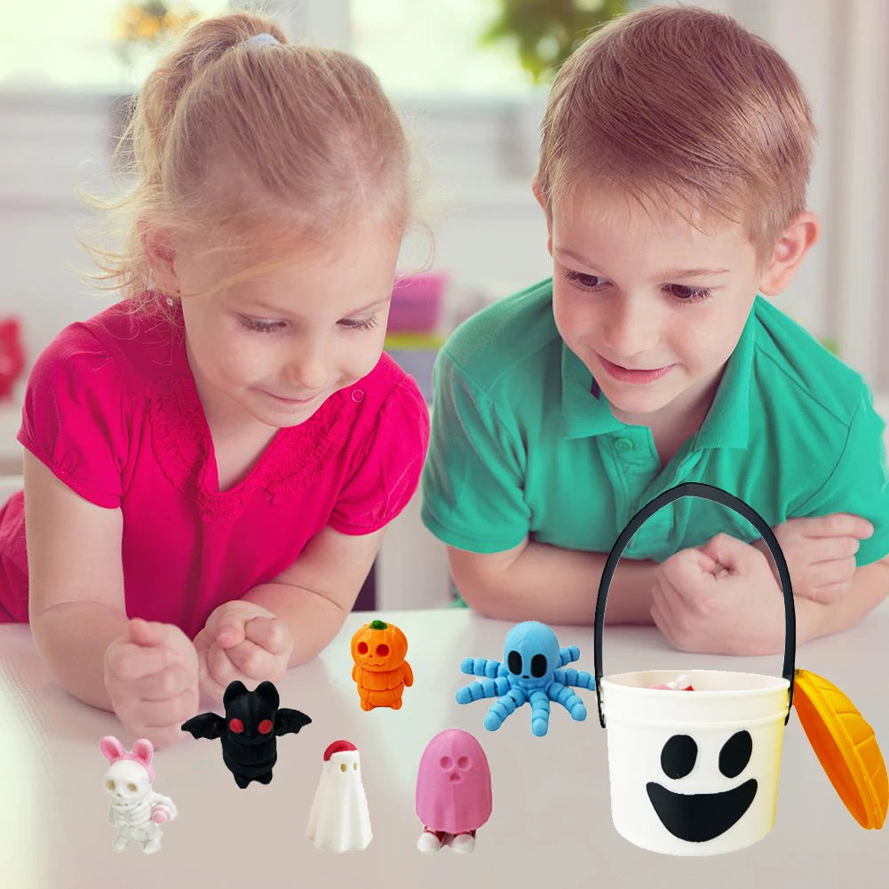 8pcs 3D Printed Halloween Themed Micro Figures with Pumpkin Holder Pumpkin Bat Spider Skeleton Man Statue for Halloween Decor