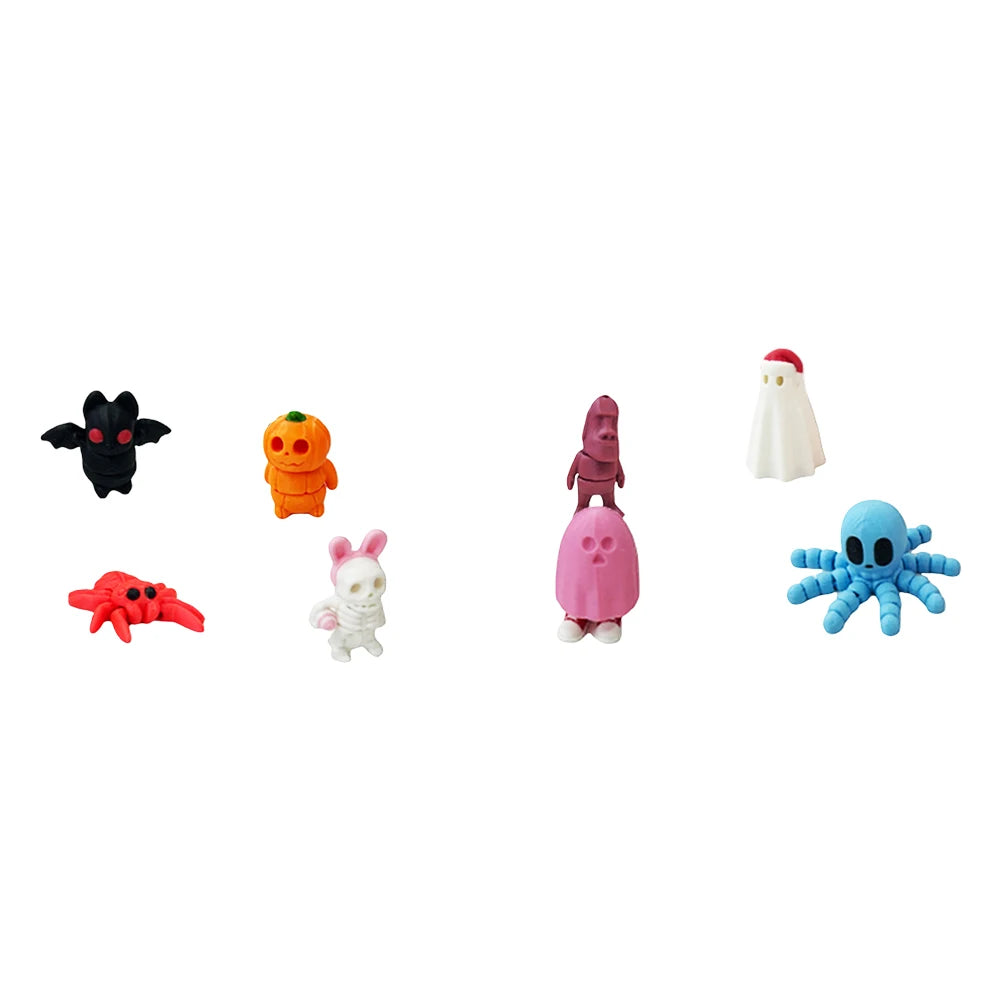 8pcs 3D Printed Halloween Themed Micro Figures with Pumpkin Holder Pumpkin Bat Spider Skeleton Man Statue for Halloween Decor