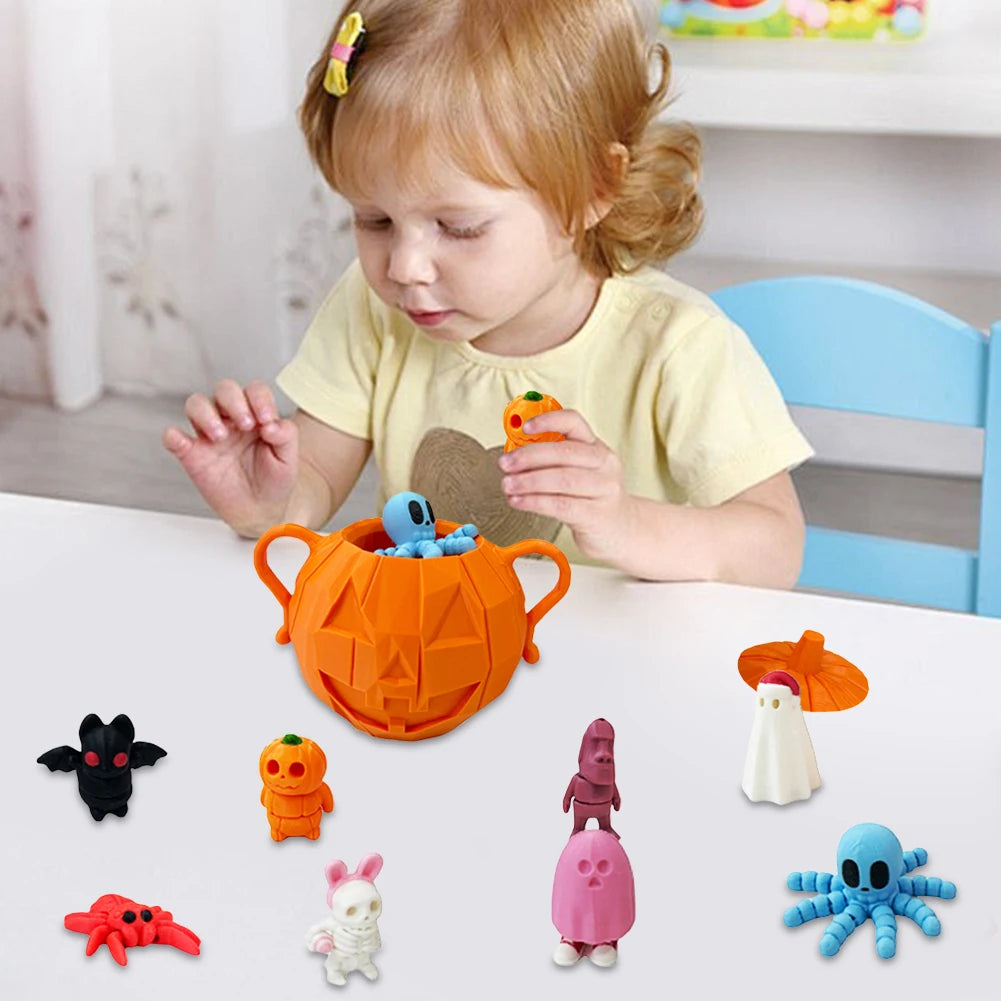 8pcs 3D Printed Halloween Themed Micro Figures with Pumpkin Holder Pumpkin Bat Spider Skeleton Man Statue for Halloween Decor