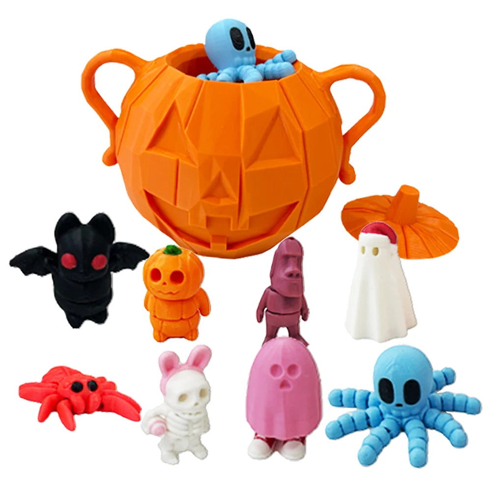 8pcs 3D Printed Halloween Themed Micro Figures with Pumpkin Holder Pumpkin Bat Spider Skeleton Man Statue for Halloween Decor