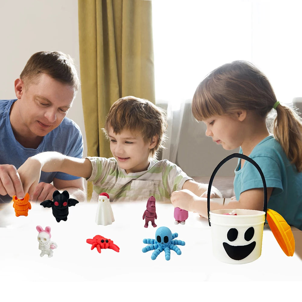 8pcs 3D Printed Halloween Themed Micro Figures with Pumpkin Holder Pumpkin Bat Spider Skeleton Man Statue for Halloween Decor