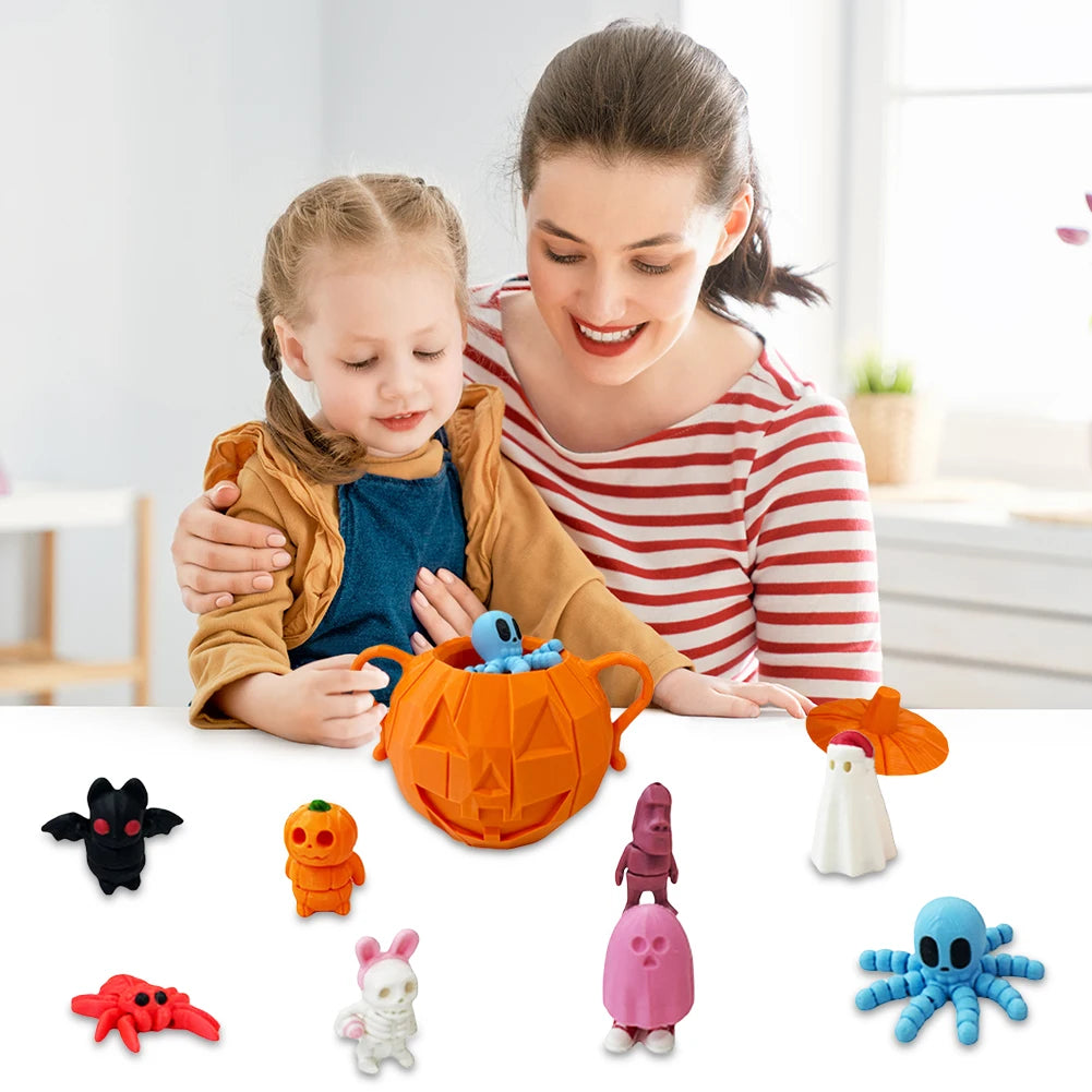 8pcs 3D Printed Halloween Themed Micro Figures with Pumpkin Holder Pumpkin Bat Spider Skeleton Man Statue for Halloween Decor