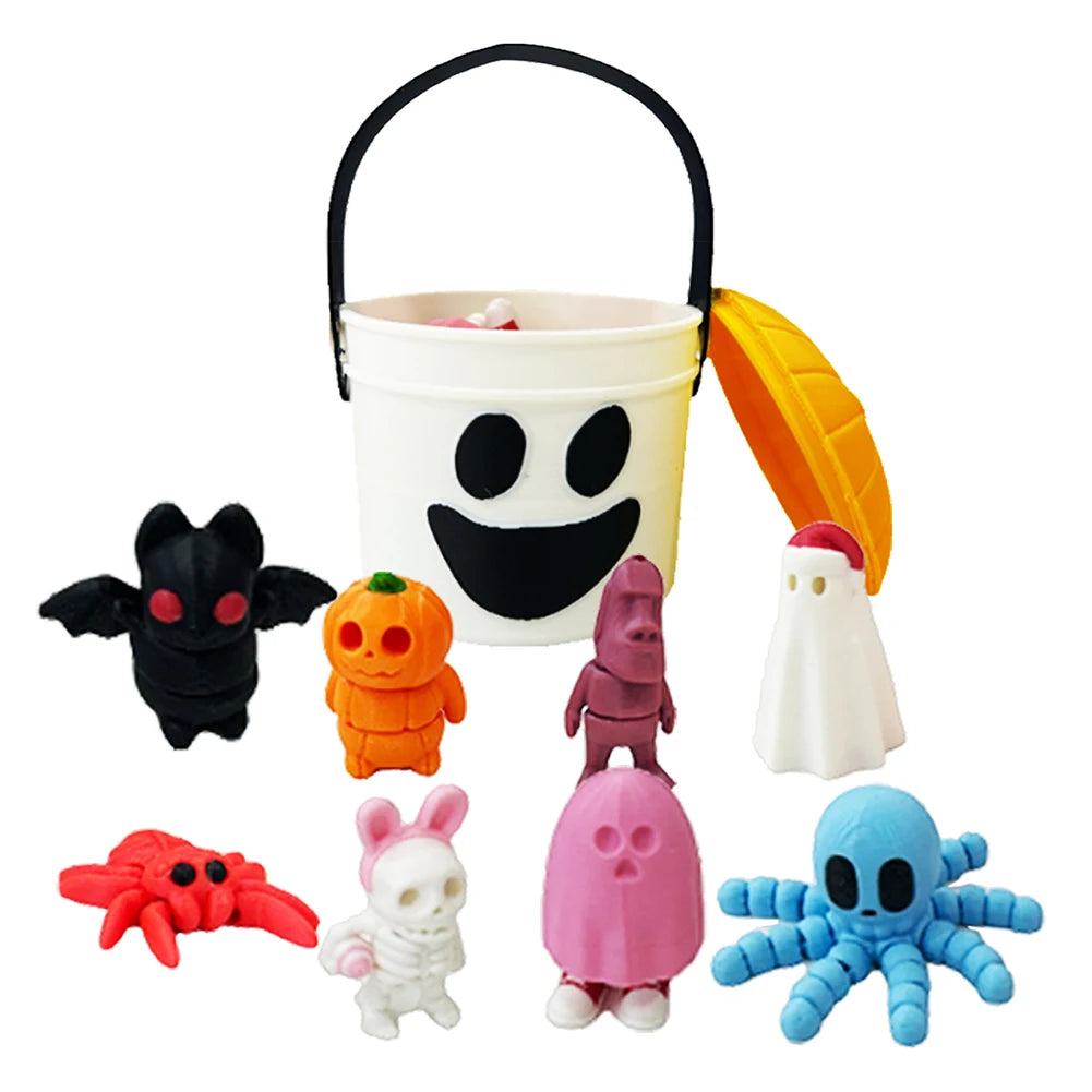 8pcs 3D Printed Halloween Themed Micro Figures with Pumpkin Holder Pumpkin Bat Spider Skeleton Man Statue for Halloween Decor